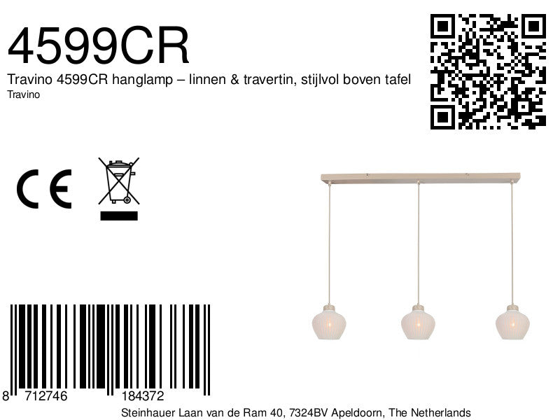 Travino 4599CR hanglamp – linnen & travertin, stijlvol boven tafel