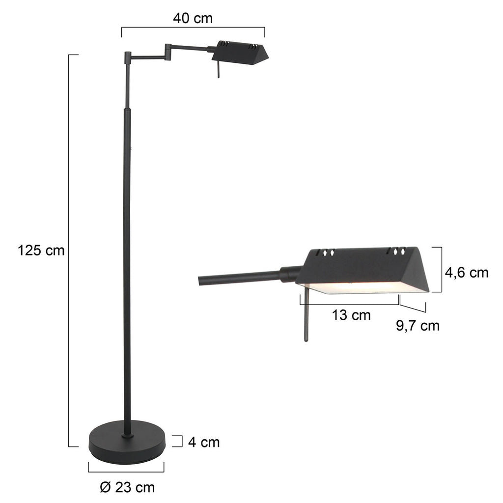 Leeslamp GlowGo 4603ZW – zwarte vloerlamp met accu en verstelbare arm