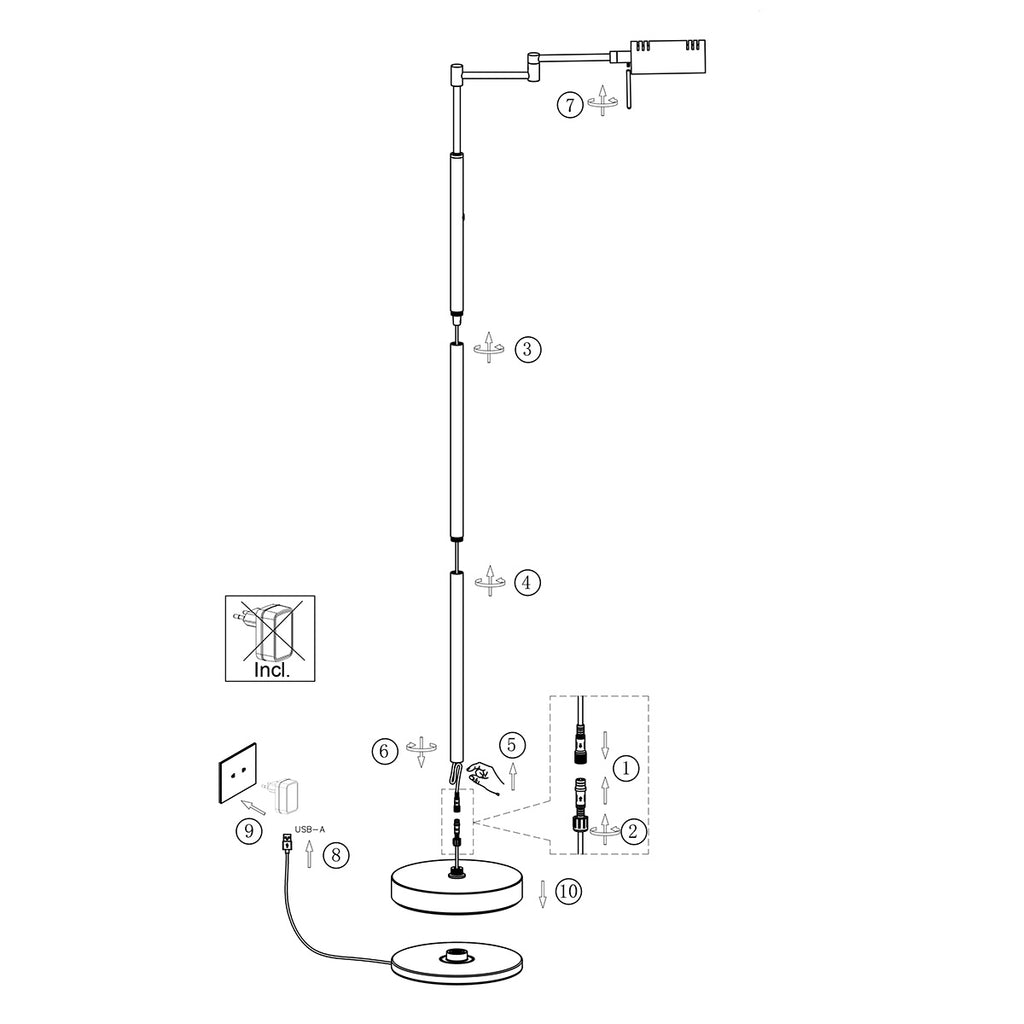 Leeslamp GlowGo 4603ZW – zwarte vloerlamp met accu en verstelbare arm