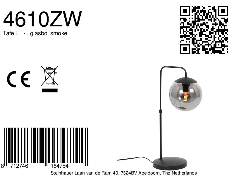 Tafellamp Bollique 4610ZW zwarte lamp met smoke glas