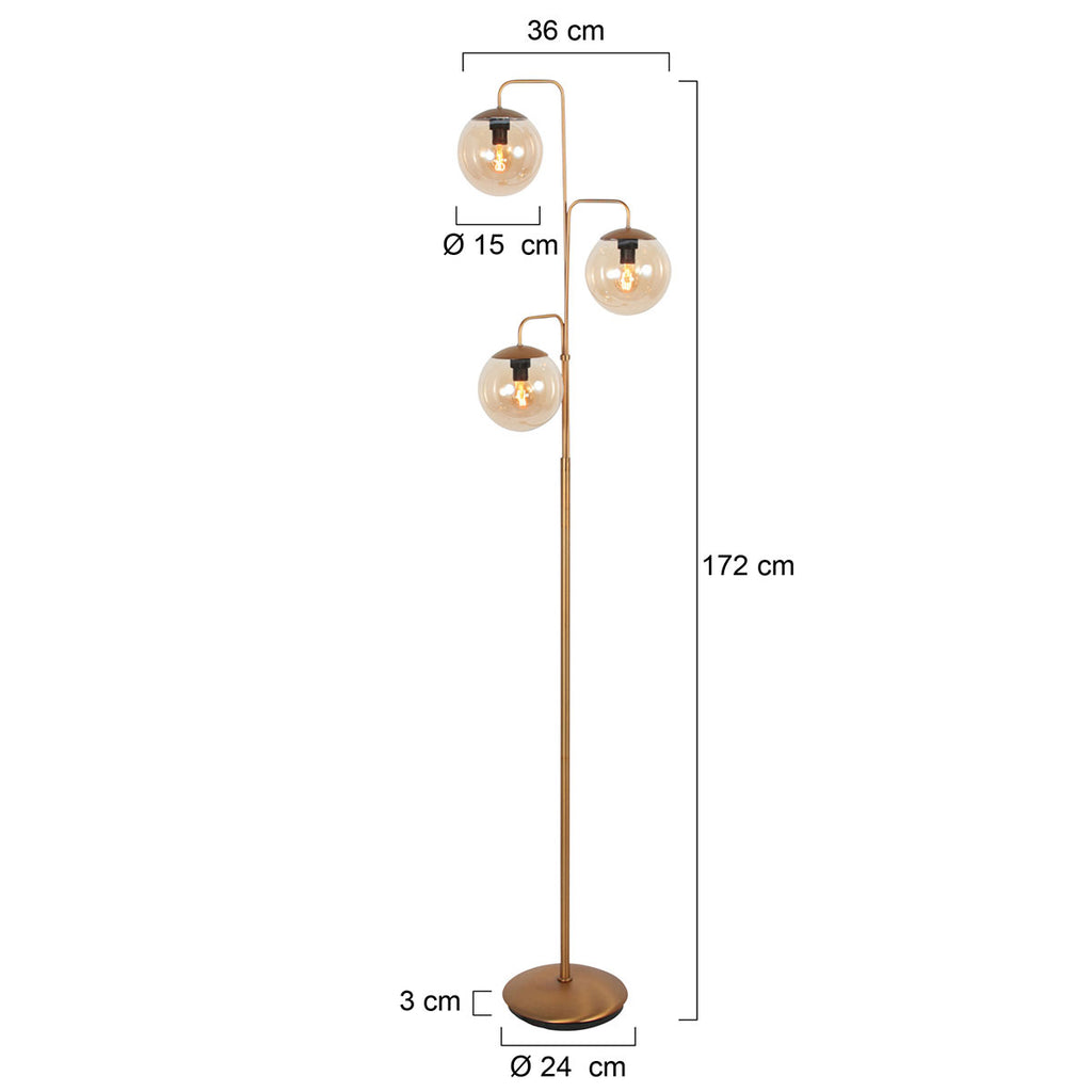 Vloerlamp Bollique 4611BR Sfeervolle bronzen 3 lichts lamp met amber glas