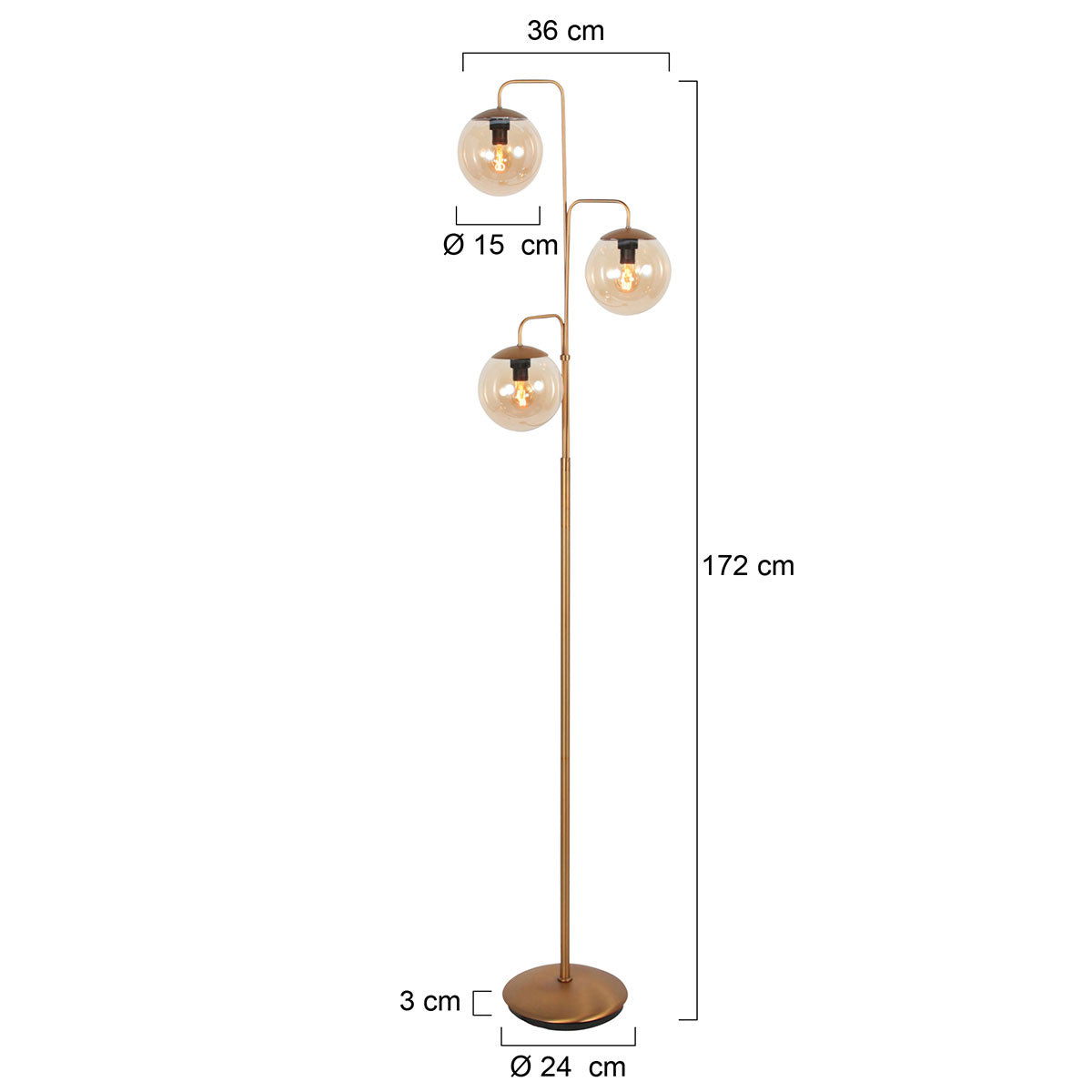Vloerlamp Bollique 4611BR Sfeervolle bronzen 3 lichts lamp met amber glas