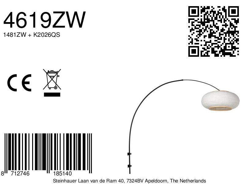 Boog wandlamp Silva Alba 4619ZW zwart met linnen kap Ø60 cm