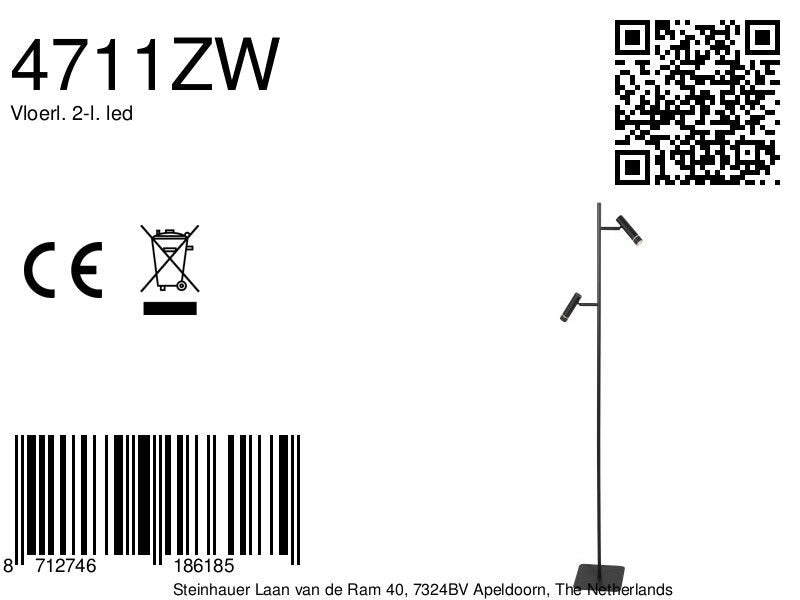 Vloerlamp Volari 4711ZW zwarte 2-lichts leeslamp met dim to warm LED