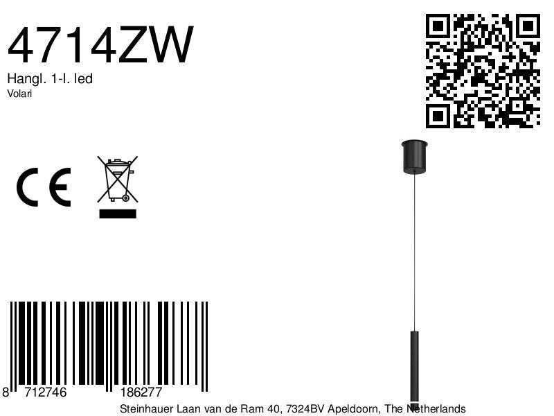 Hanglamp Volari 4714ZW zwarte pendellamp met cable lift