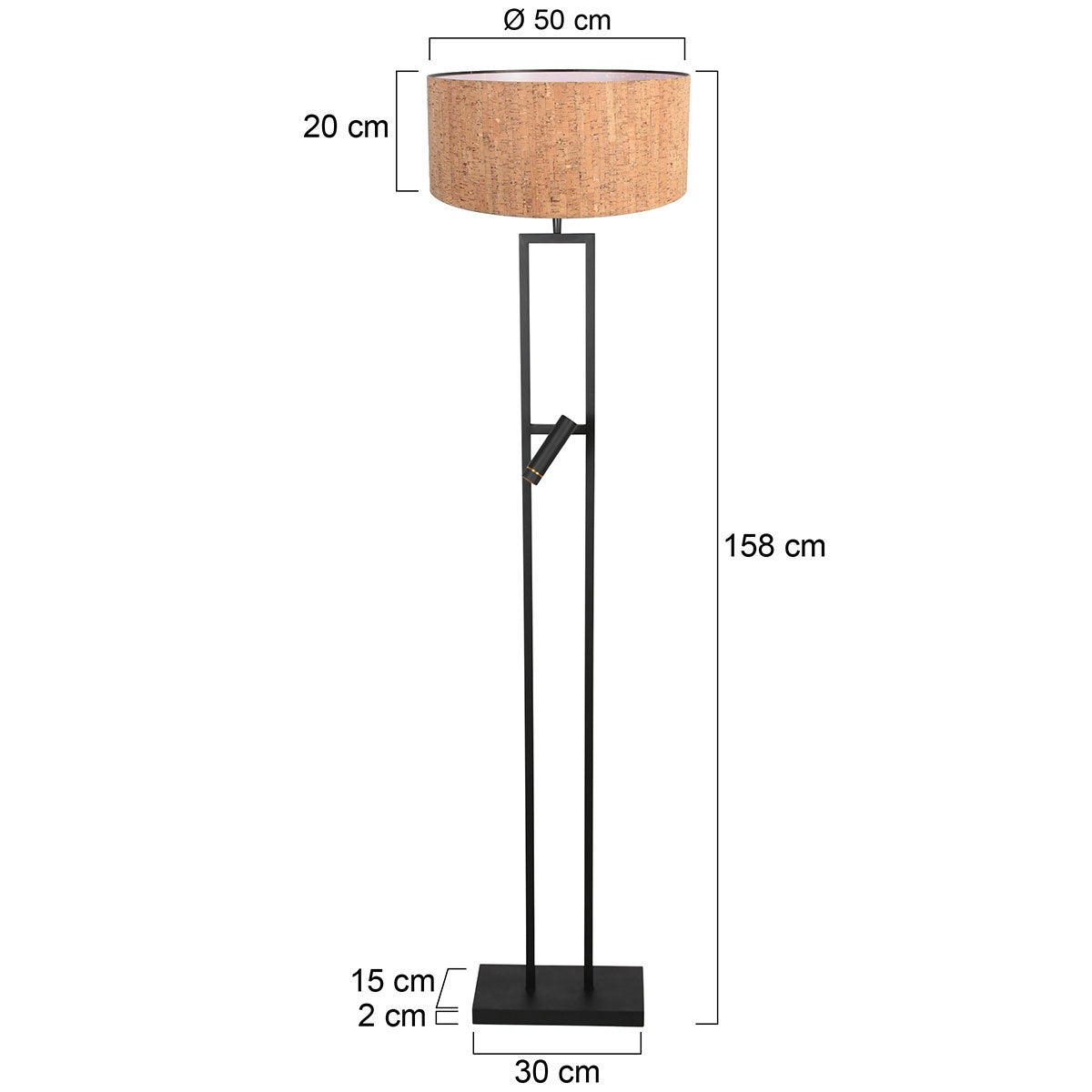 Vloerlamp Stang 4722ZW met beige kurkstructuur kap en leeslicht