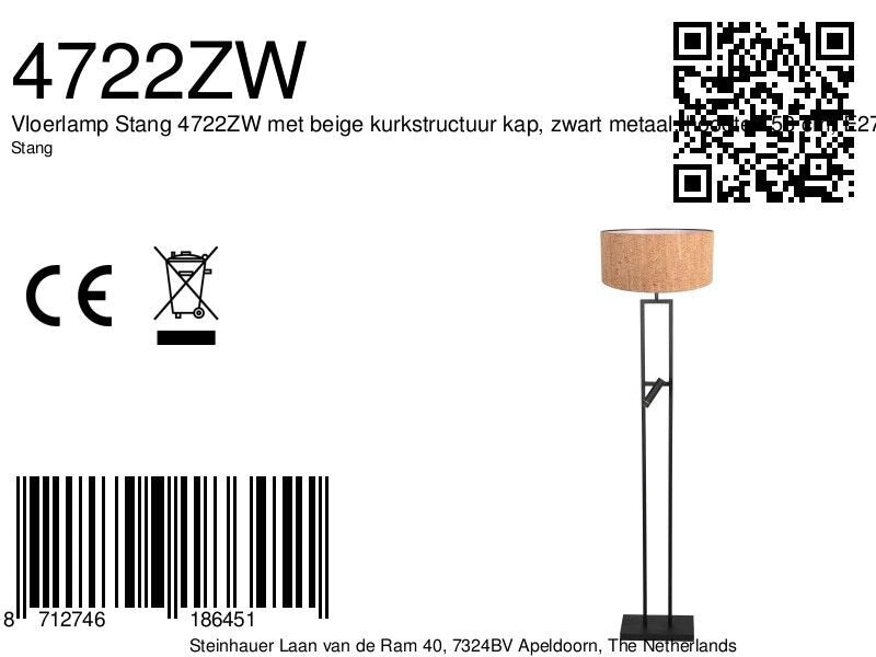 Vloerlamp Stang 4722ZW met beige kurkstructuur kap en leeslicht