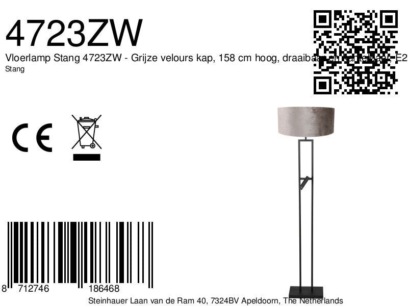 Vloerlamp Stang 4723ZW met grijze velours kap en leeslicht
