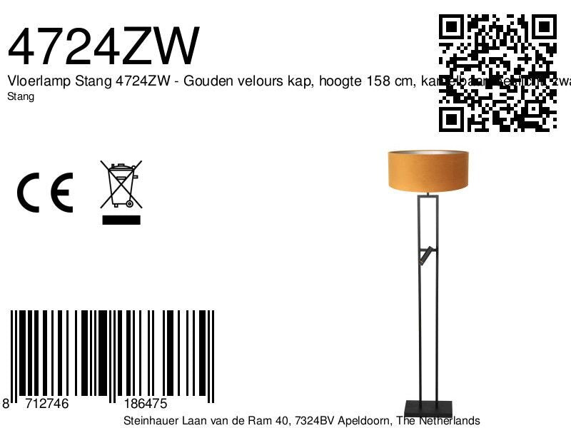 Vloerlamp Stang 4724ZW met gouden velours kap en leeslicht