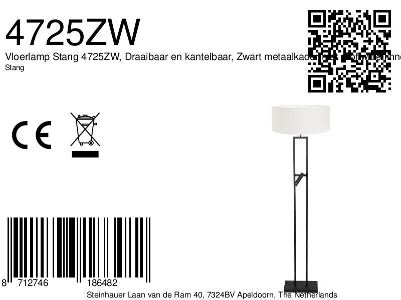 Vloerlamp Stang 4725ZW met grof wit linnen kap en leeslicht