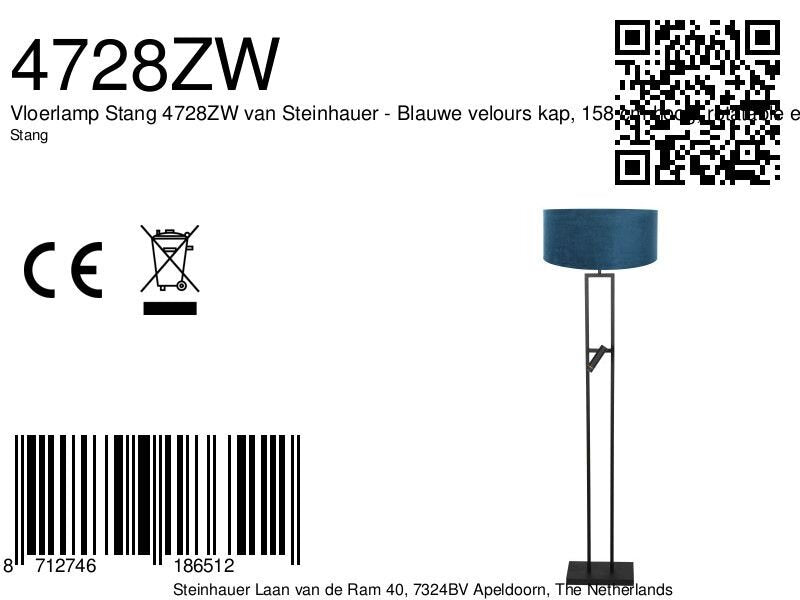 Vloerlamp Stang 4728ZW met blauwe velours kap en leeslicht