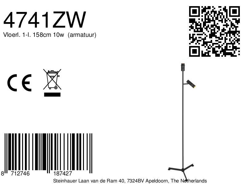 Vloerlamp Stang 4741ZW zwarte vloerlamp met leeslicht en E27 fitting