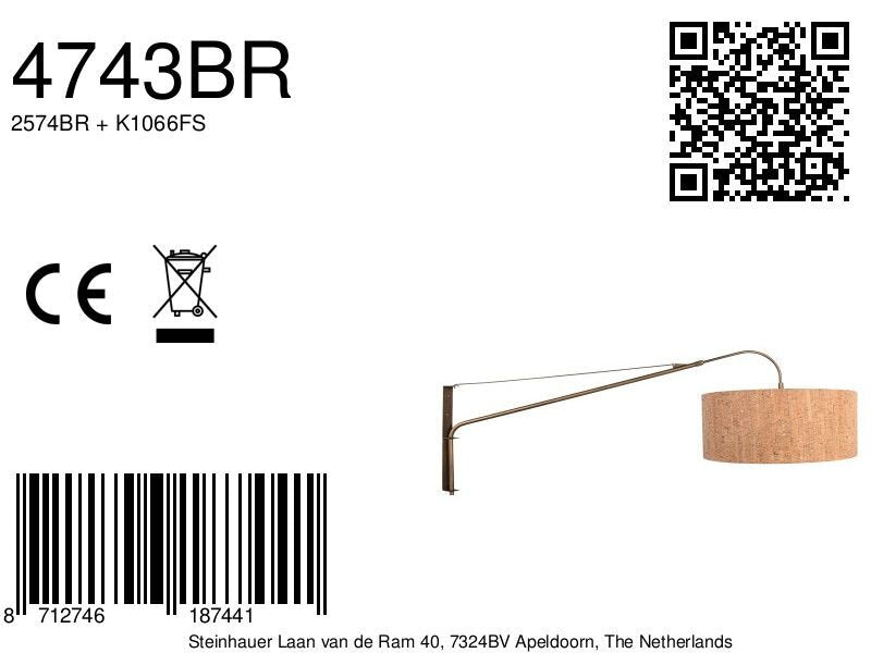 Wandlamp Elegant Classy 4743BR brons met beige kurk kap Ø50 cm