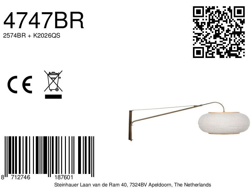 Wandlamp Silva Alba 4747BR brons met linnen kap Ø60 cm
