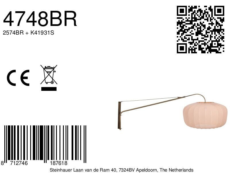 Wandlamp Vela Lino 4748BR brons met beige-crème textiel kap
