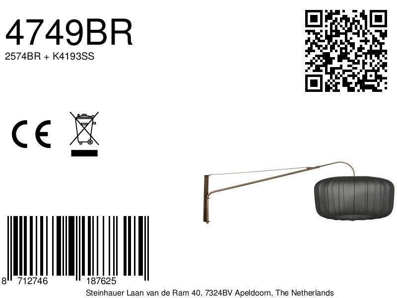 Wandlamp Vela Lino 4749BR brons met zwarte textiel kap Ø60 cm