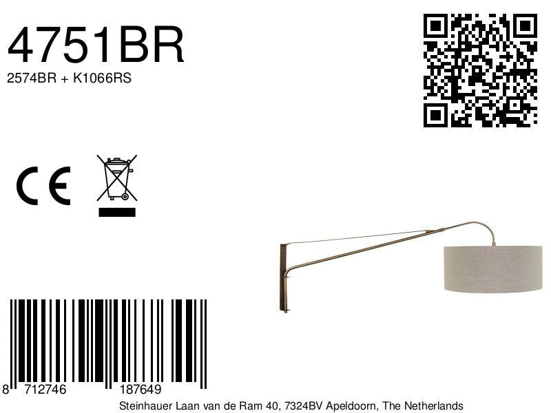 Wandlamp Elegant Classy 4751BR brons met grof grijs linnen kap Ø50 cm