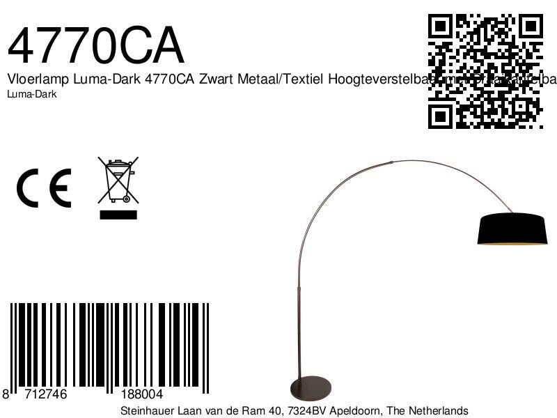 Booglamp Luma Dark 4770CA cacao met zwart linnen kap warm chic