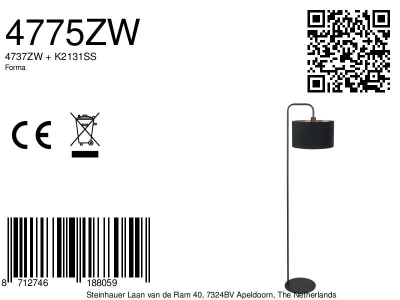 Vloerlamp Stang 4775ZW, zwarte vloerlamp met fijn linnen kap