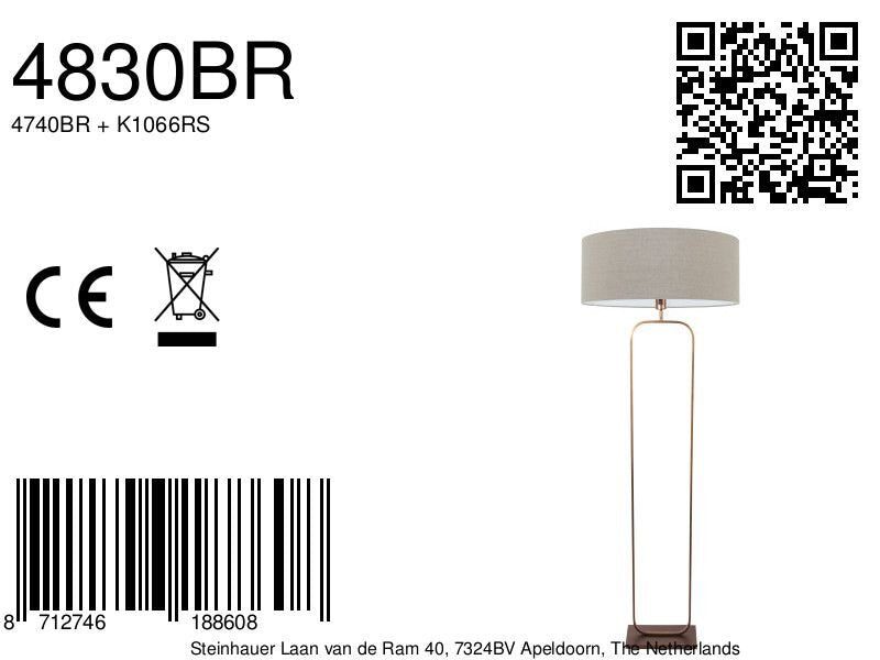 Vloerlamp Stang 4830BR - brons armatuur met grijs linnen kap