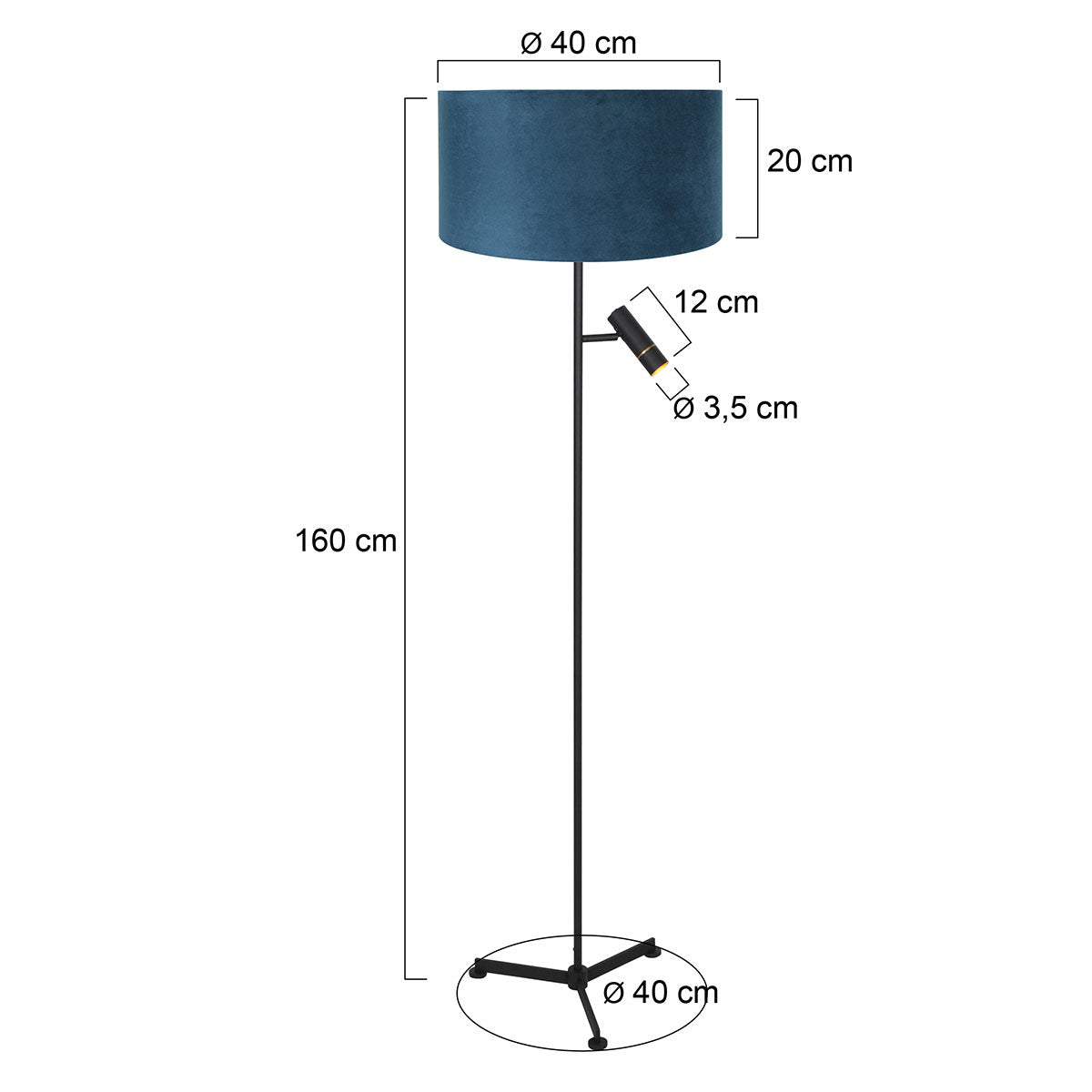 Vloerlamp Stang 4839ZW met leeslicht en blauwe velours kap