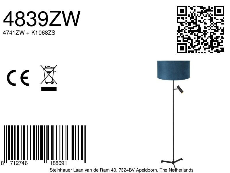 Vloerlamp Stang 4839ZW met leeslicht en blauwe velours kap