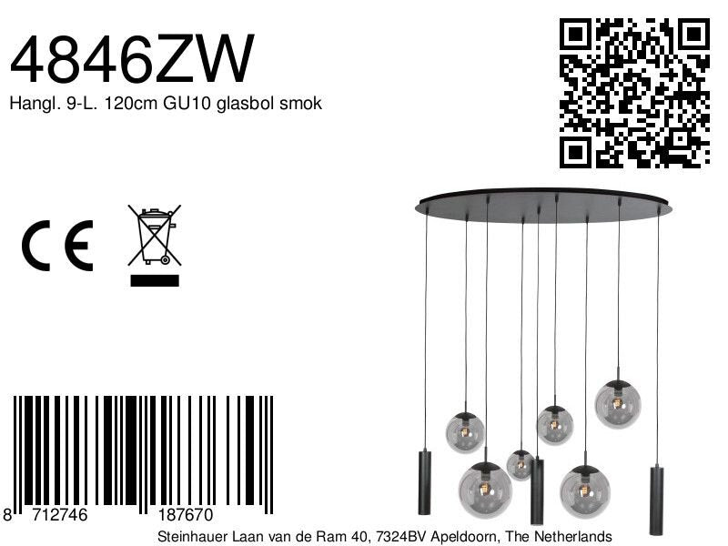 Zwarte hanglamp Bollique 4846ZW, 9-lichts design voor eettafel