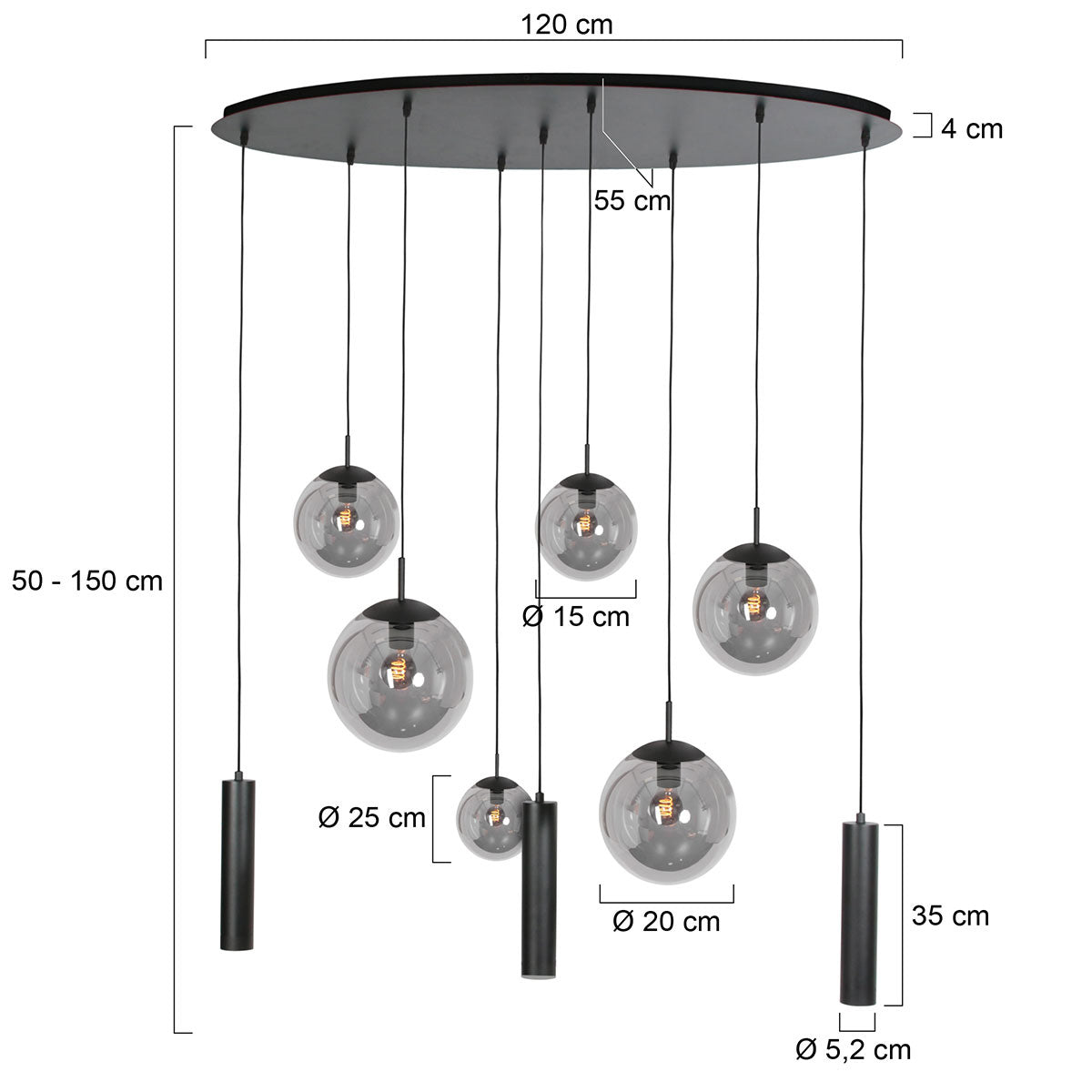 Zwarte hanglamp Bollique 4846ZW, 9-lichts design voor eettafel