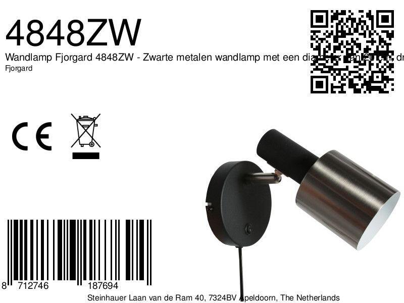 Wandlamp Fjorgard 4848ZW - zwarte wandlamp met stoer metaal