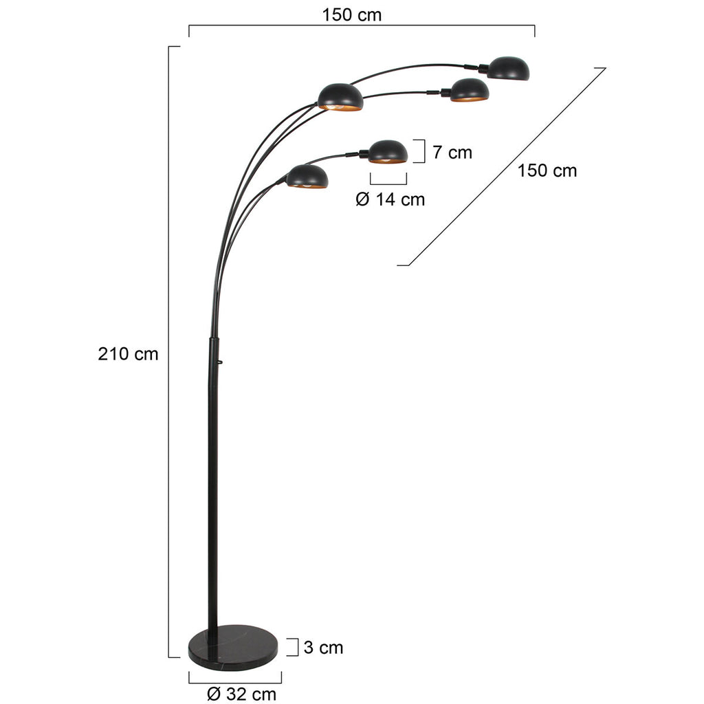 Zwarte vloerlamp Pentra 4855ZW, 5-lichts met marmeren voet