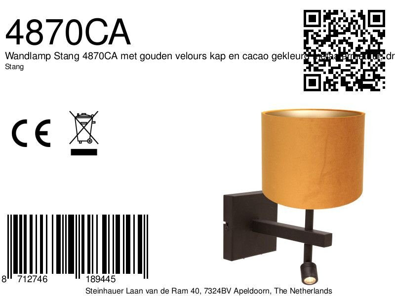 Wandlamp Stang 4870CA met gouden velours kap en leeslicht