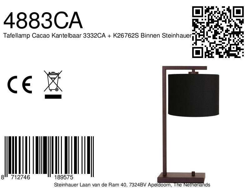 Cacao tafellamp Stang 4883CA met zwarte linnen kap