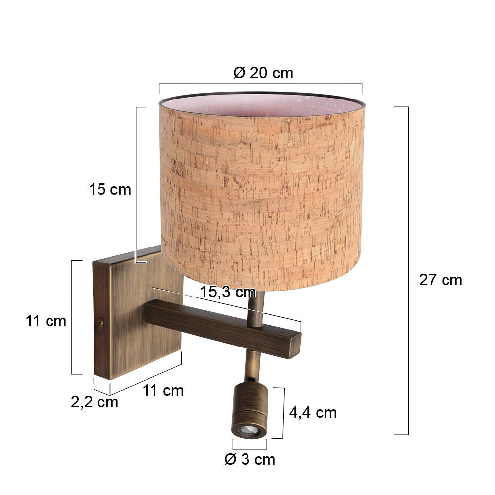 Wandlamp Stang 4889BR met kurk kap en warm leeslicht