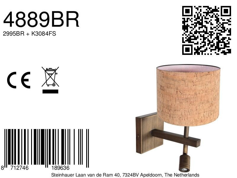 Wandlamp Stang 4889BR met kurk kap en warm leeslicht