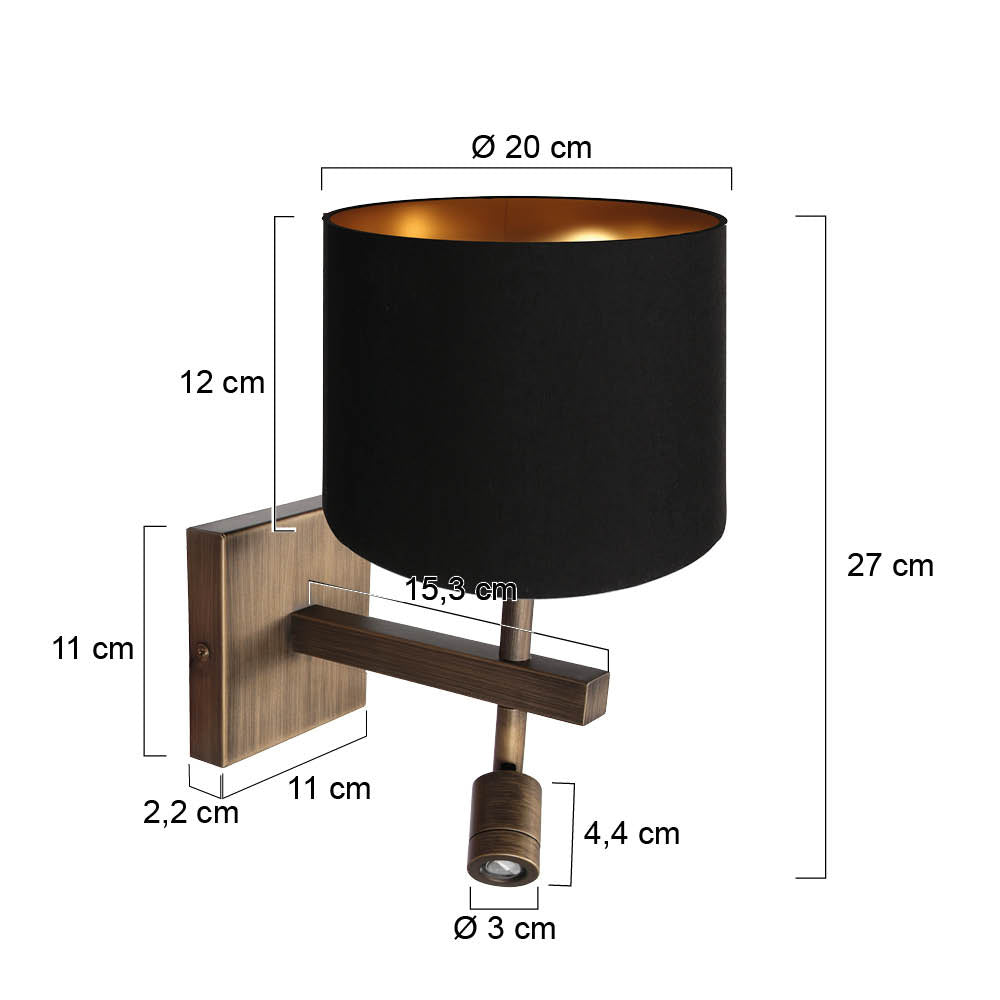Wandlamp Stang 4890BR met zwart linnen kap en leeslicht