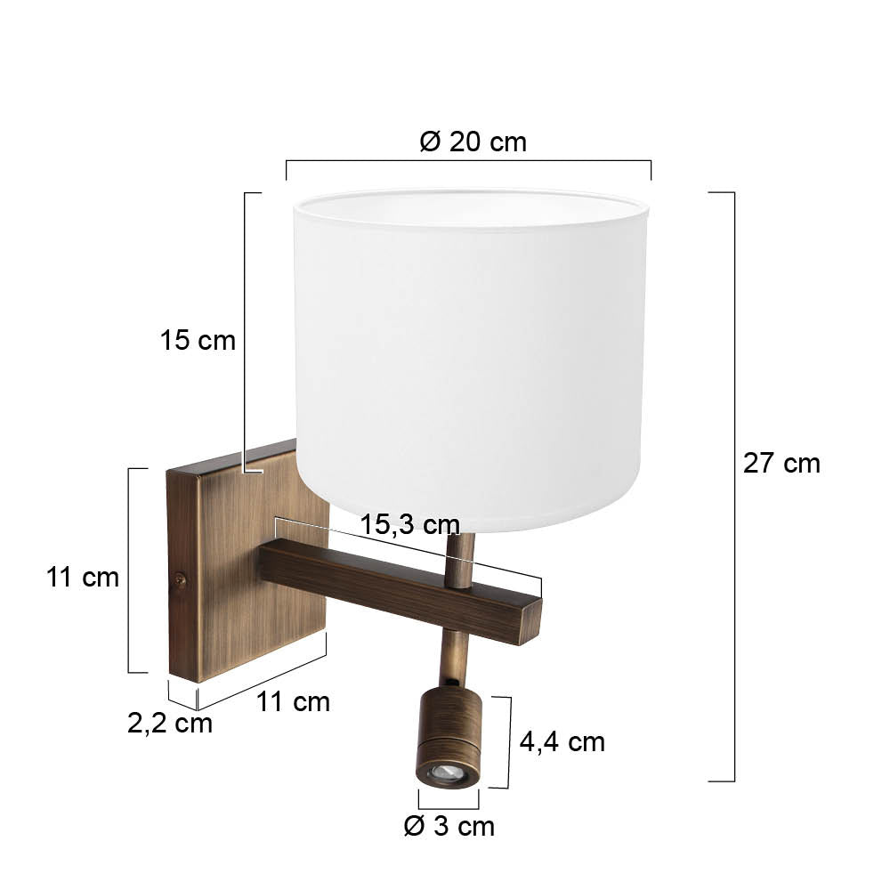 Wandlamp Stang 4891BR met wit linnen kap en leeslicht