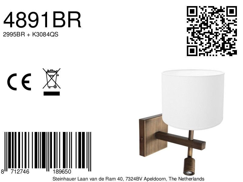 Wandlamp Stang 4891BR met wit linnen kap en leeslicht