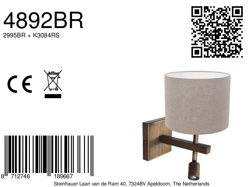 Wandlamp Stang 4892BR met grijze linnen kap en leeslicht
