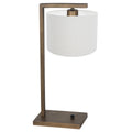 Bronzen tafellamp Stang 4902BR met grof wit linnen kap