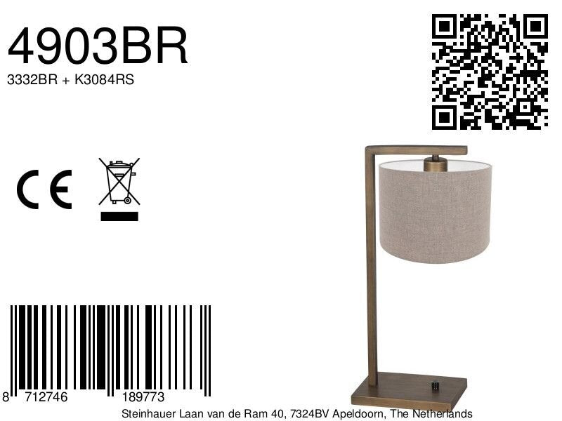 Bronzen tafellamp Stang 4903BR met grof grijze linnen kap