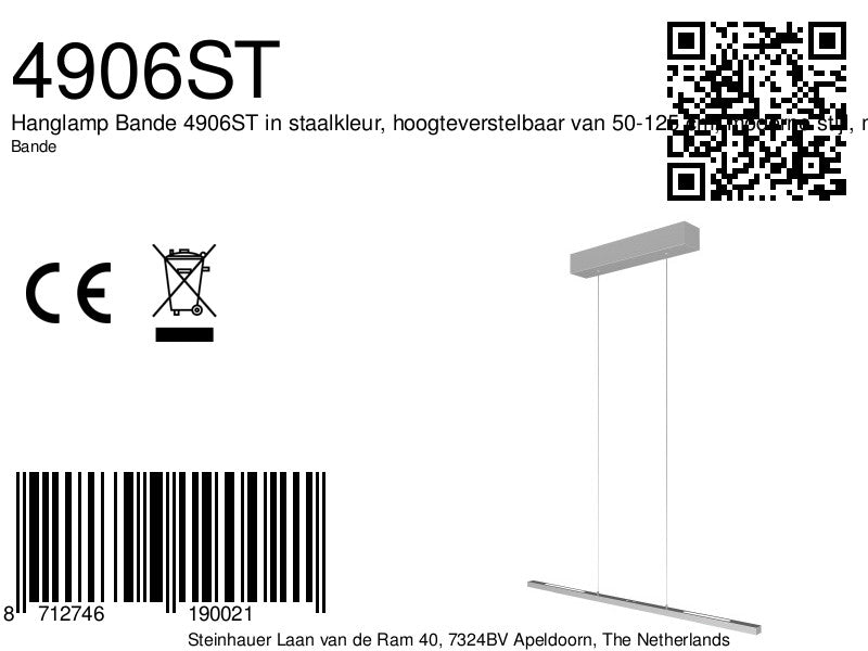 Hanglamp Bande 4906ST staalkleurige hanglamp met cable lift