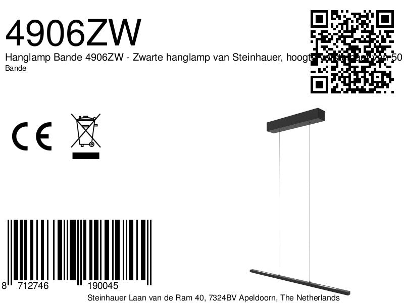Hanglamp Bande 4906ZW zwarte hanglamp met cable lift 80cm breed