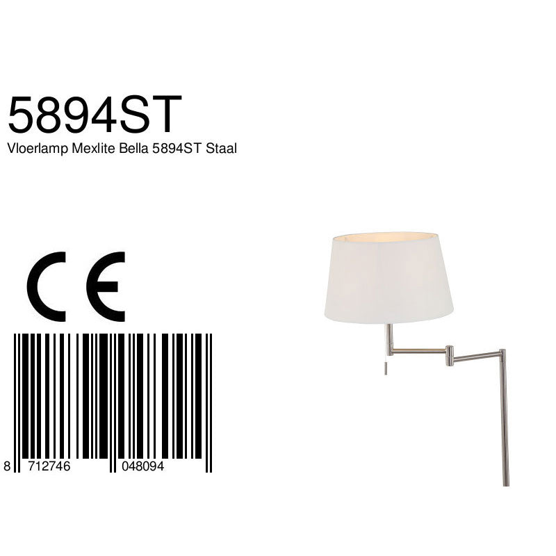 Staalkleurige vloerlamp Bella 5894ST met wit linnen kap
