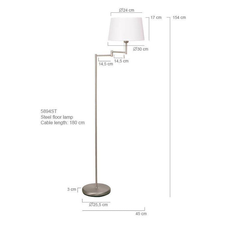 Staalkleurige vloerlamp Bella 5894ST met wit linnen kap