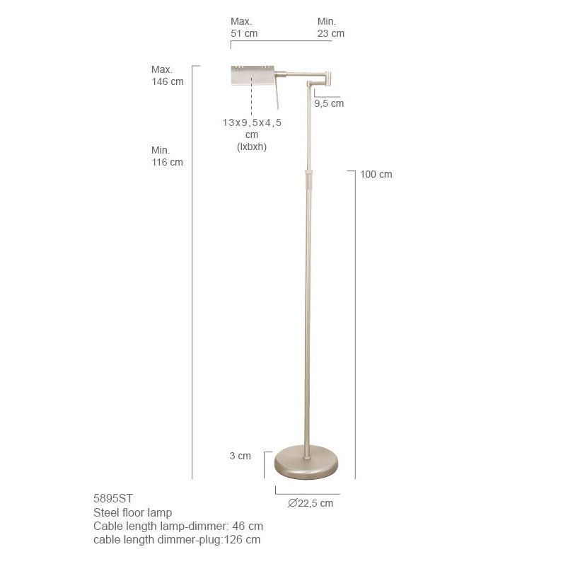 Staalkleurige vloerlamp Karl 5895ST met dimmer en in hoogte verstelbaar