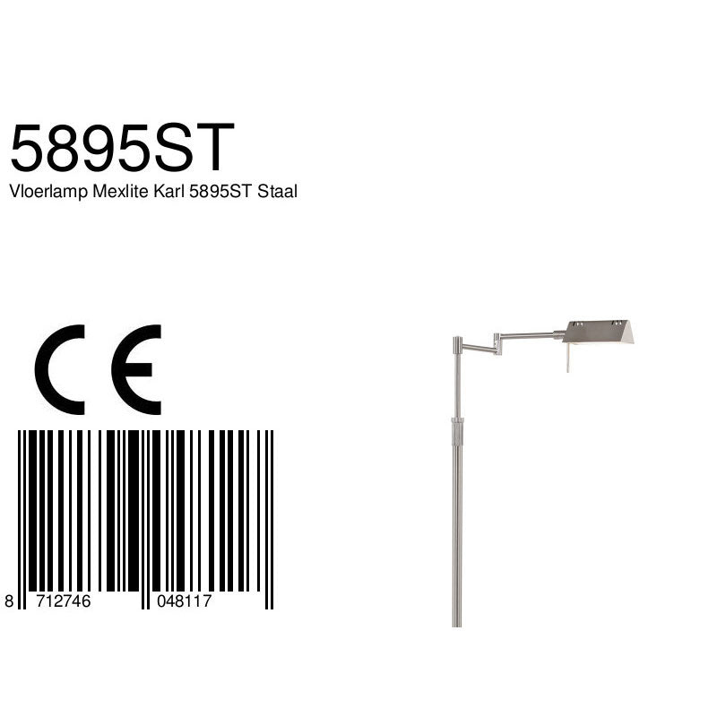 Staalkleurige vloerlamp Karl 5895ST met dimmer en in hoogte verstelbaar