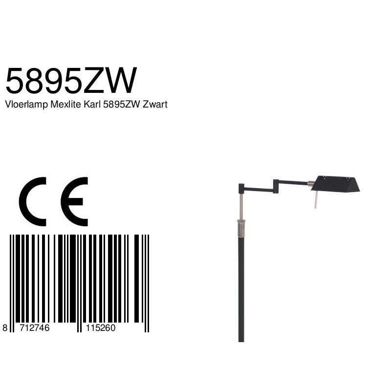 Zwarte vloerlamp Karl 5895ZW met dimmer en in hoogte verstelbaar