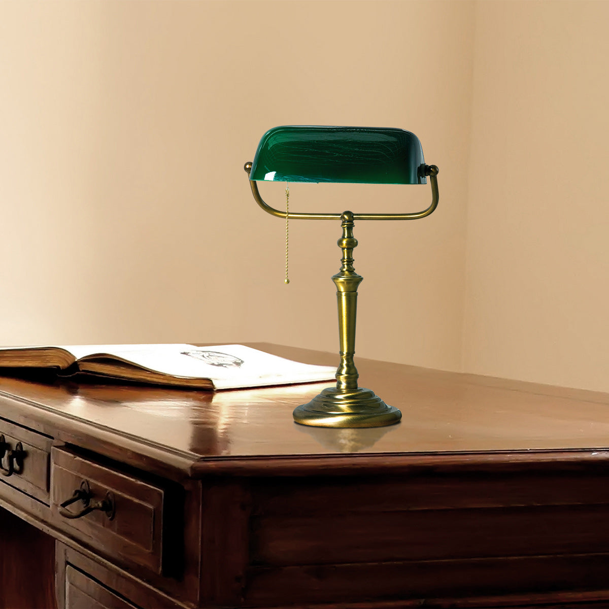 Tafellamp Ancilla 6185BR bronzen notarislamp met trekschakelaar