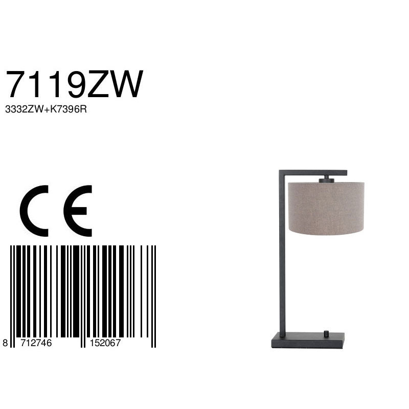 Zwarte tafellamp Stang 7119ZW met grijs grof linnen kap