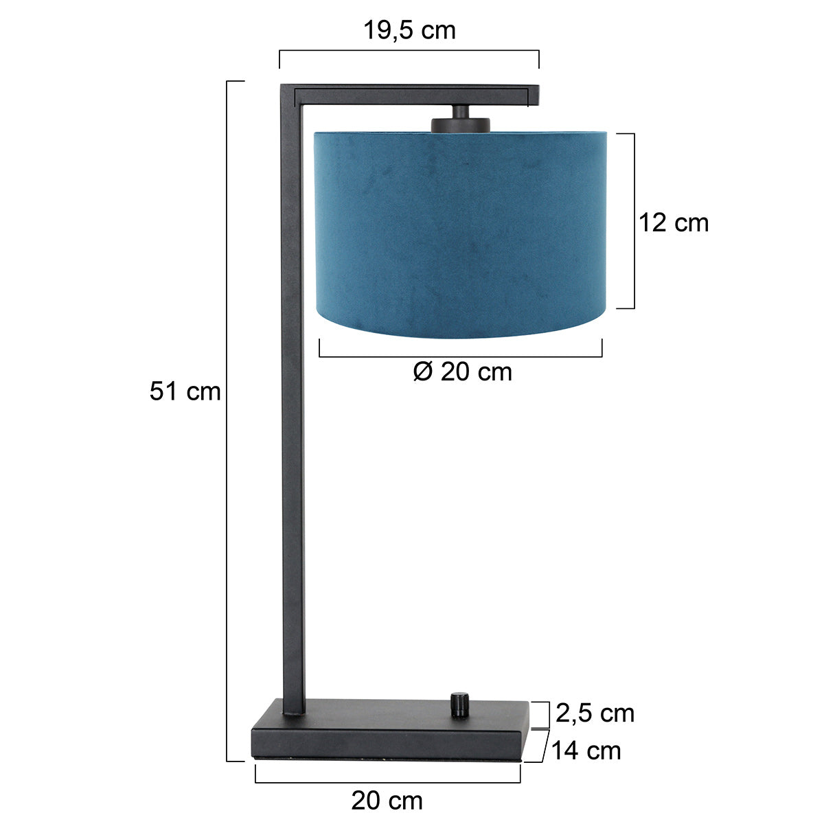 Zwarte tafellamp Stang 7124ZW met blauw velours kap